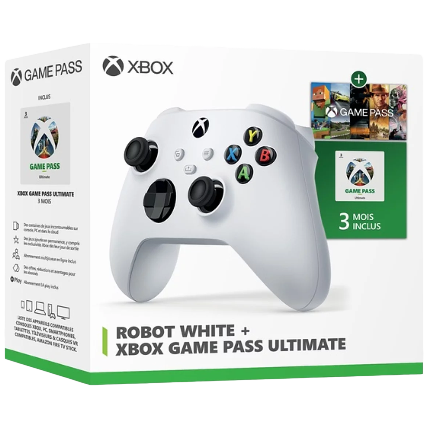 A white Xbox wireless controller in its packaging, featuring Xbox Game Pass branding and promotional graphics.