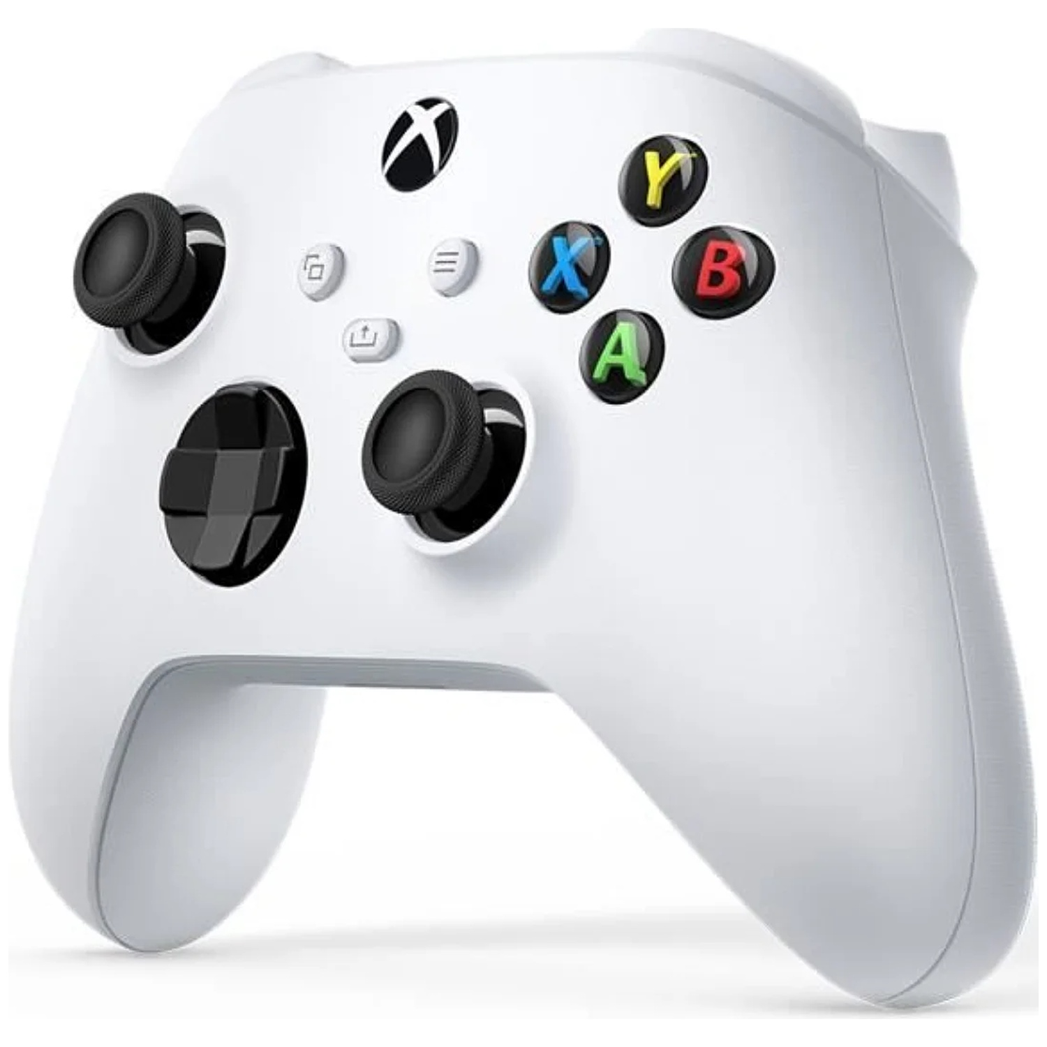 A white Xbox wireless controller featuring black thumbsticks and colorful action buttons.