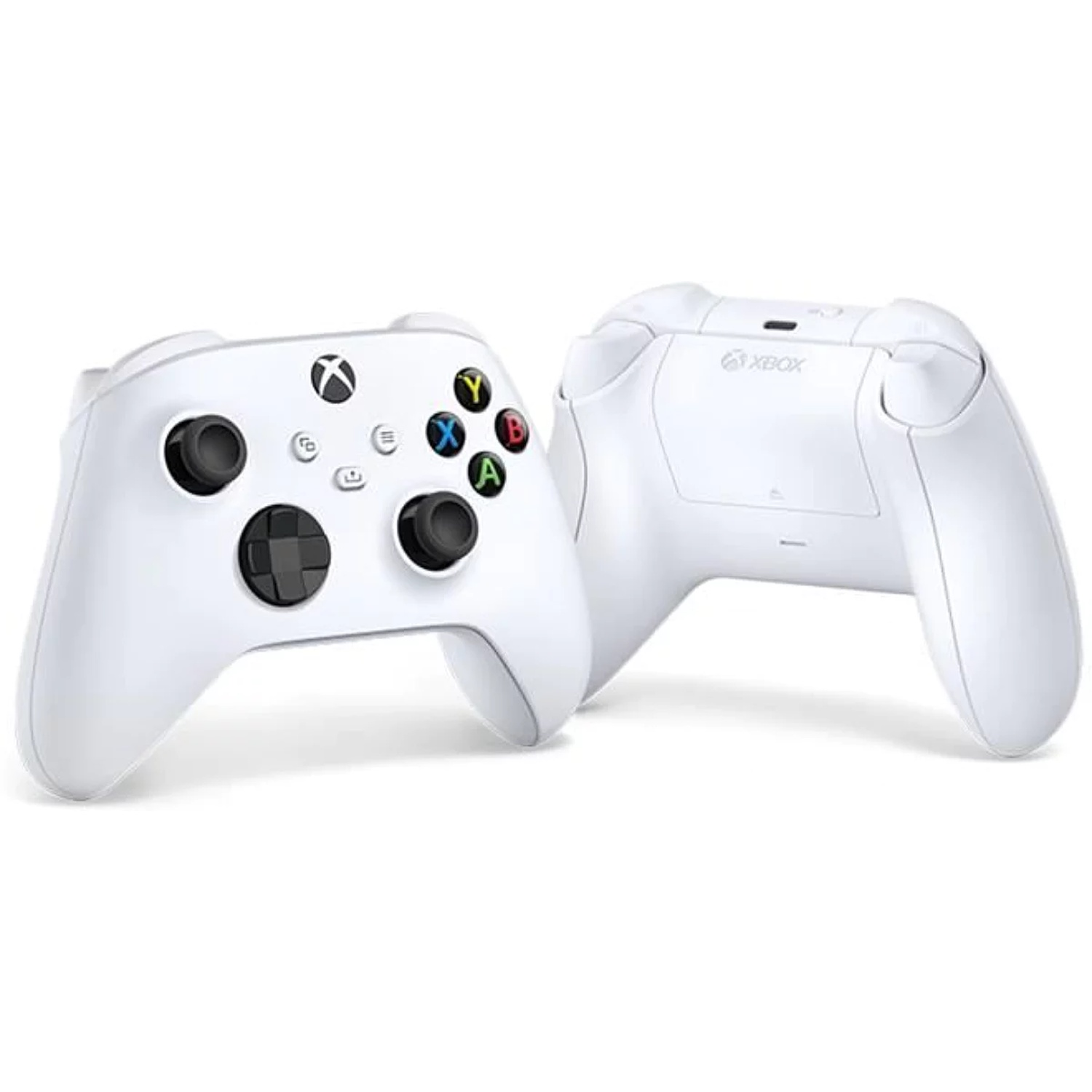 Two white Xbox controllers, one facing forward showing colorful buttons, the other facing backward.