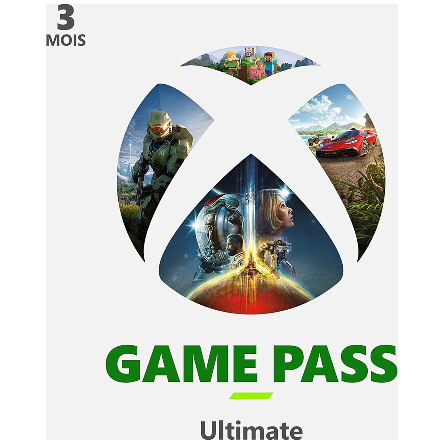 Xbox Game Pass Ultimate 3 months card featuring popular game imagery like Halo and Minecraft.
