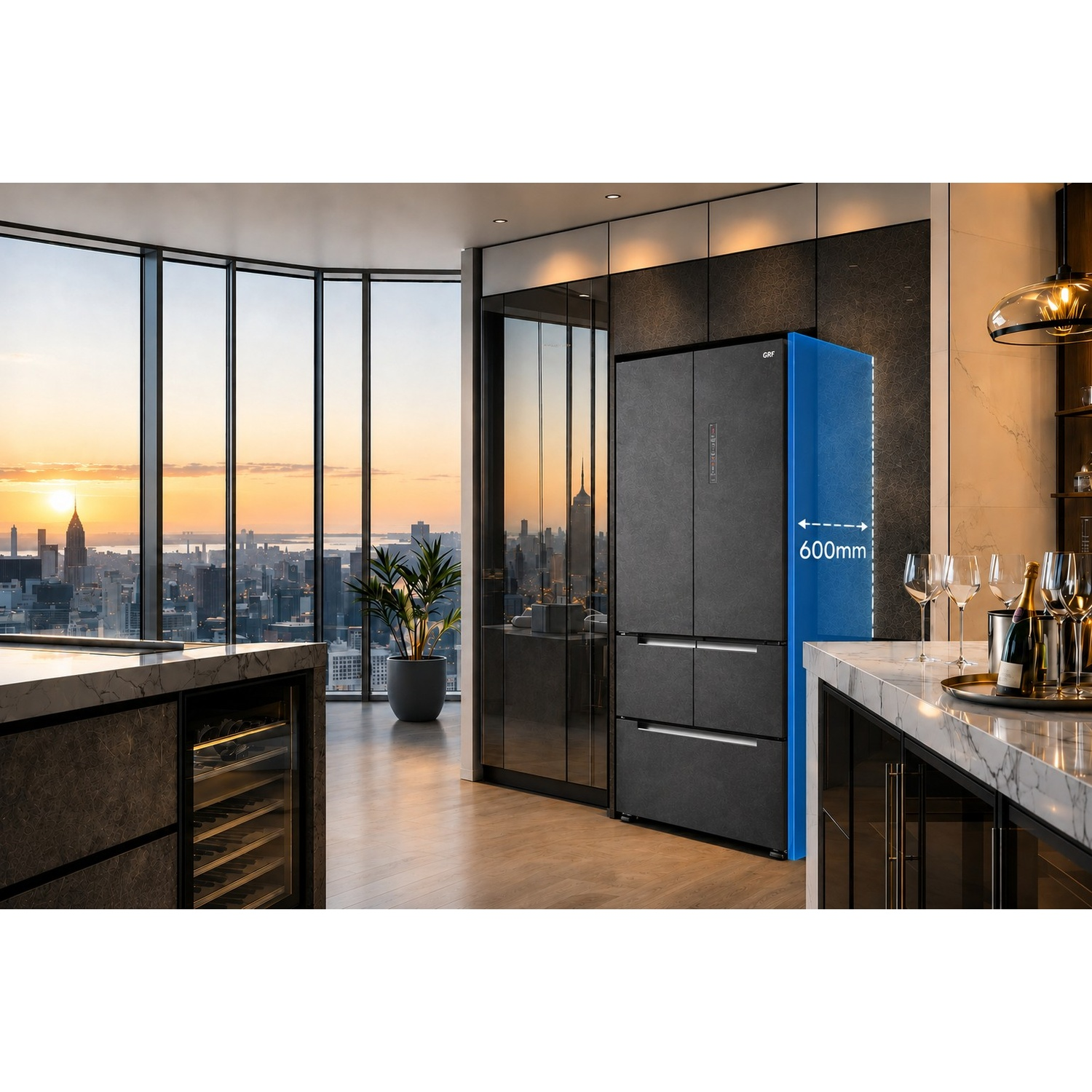 Moderno frigorifero nero in una cucina di lusso con vista sulla città al tramonto.