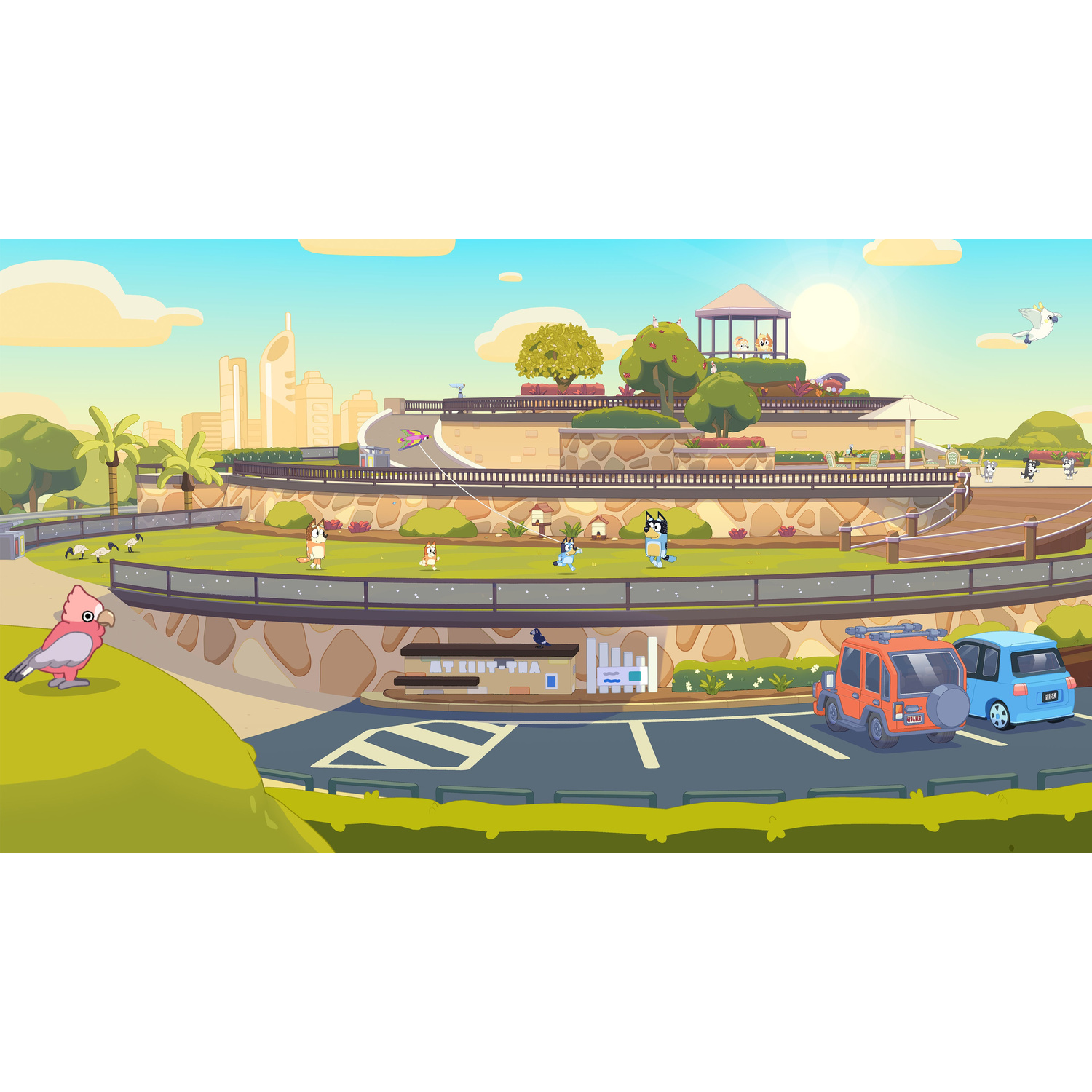Parco illustrato con livelli terrazzati, personaggi a passeggio, auto e skyline cittadino sullo sfondo.