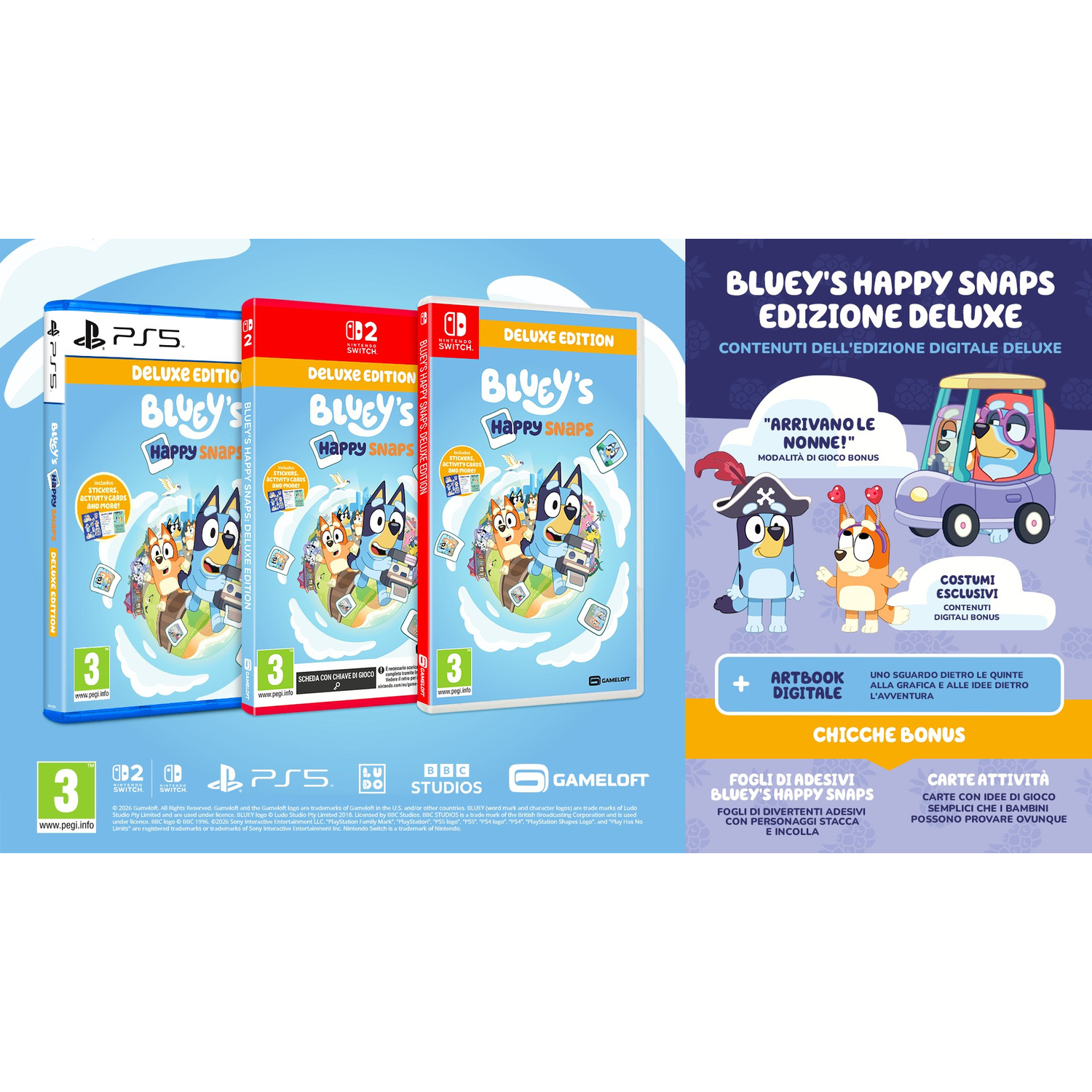 Confezioni di gioco di Bluey's Happy Snaps Deluxe Edition e contenuti bonus digitali su sfondo blu.