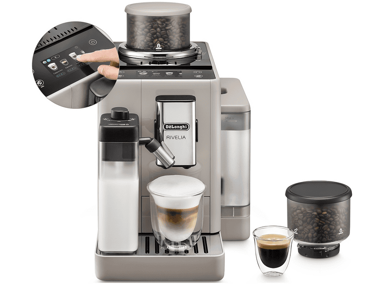 Macchina Automatica per Caffè DE'LONGHI Rivelia EXAM440.55.BG, Caraffa Montalatte Automatica, 2 portachicchi intercambiabili, 16 bevande dirette, Display Touch, 19 bar, 1450 W, Beige