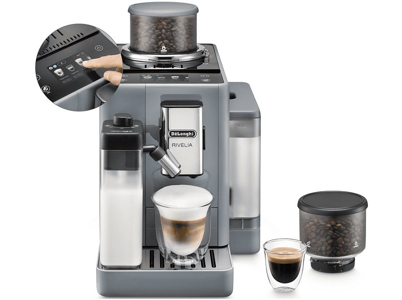 Macchina Automatica per Caffè DE'LONGHI Rivelia EXAM440.55.G, Caraffa Montalatte Automatica, 2 portachicchi intercambiabili, 16 bevande dirette, Display Touch, 19 bar, 1450 W, Grigio