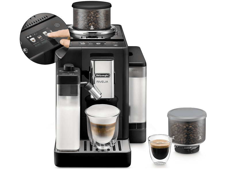 Macchina Automatica per Caffè DE'LONGHI Rivelia EXAM440.55.B, Caraffa Montalatte Automatica, 2 portachicchi intercambiabili, 16 bevande dirette, Display Touch, 19 bar, 1450 W, Nero