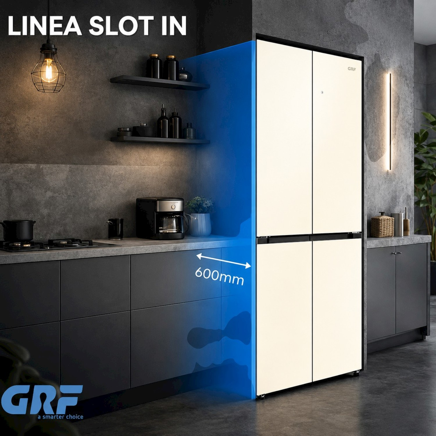 Cucina moderna con frigorifero integrato da 600 mm e ante chiare.