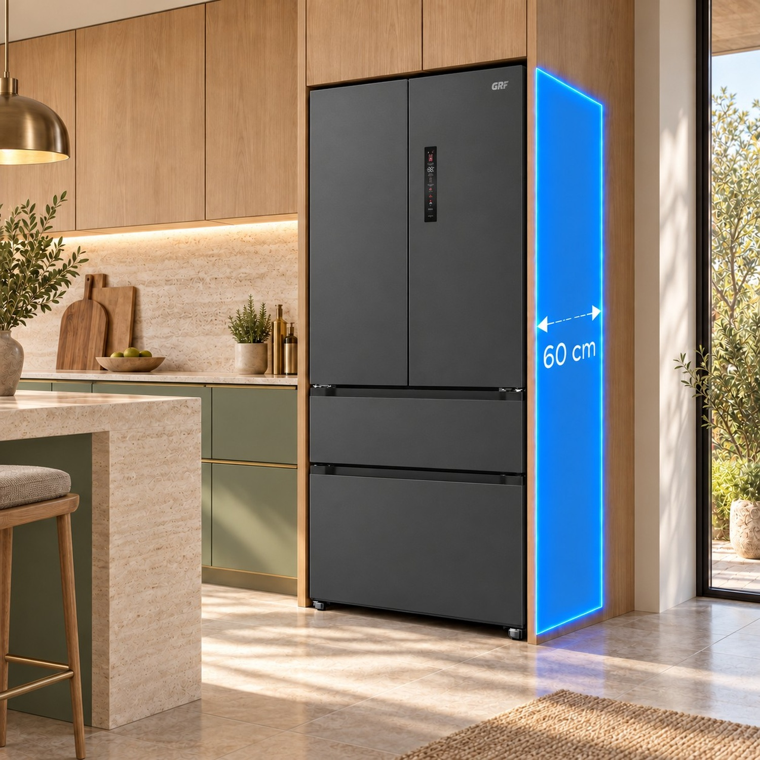 Cucina moderna con frigorifero nero, evidenziato da una grafica blu di 60 cm.