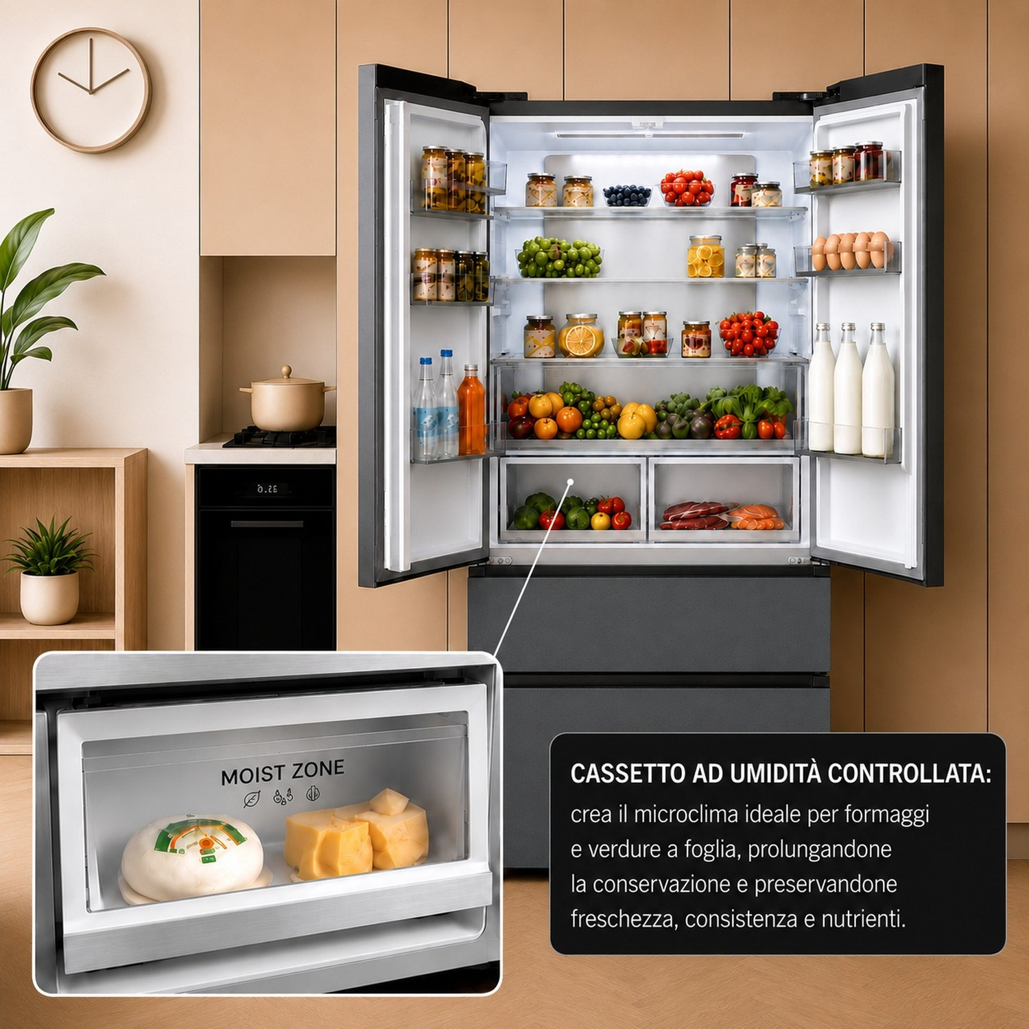 Frigorifero moderno aperto pieno di cibo fresco e cassetto a umidità controllata.