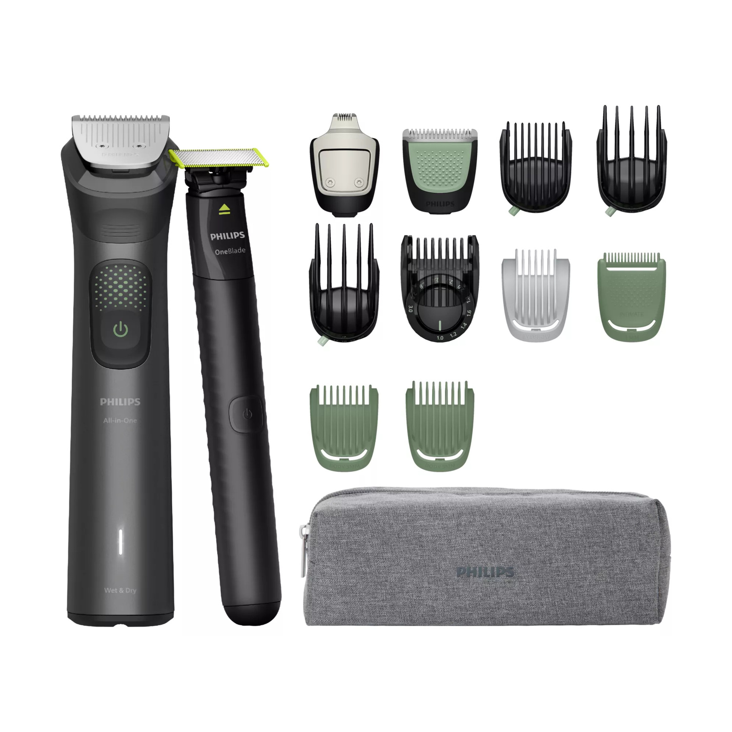 Regolabarba Philips All-in-One, OneBlade, vari accessori e una custodia grigia su sfondo bianco.