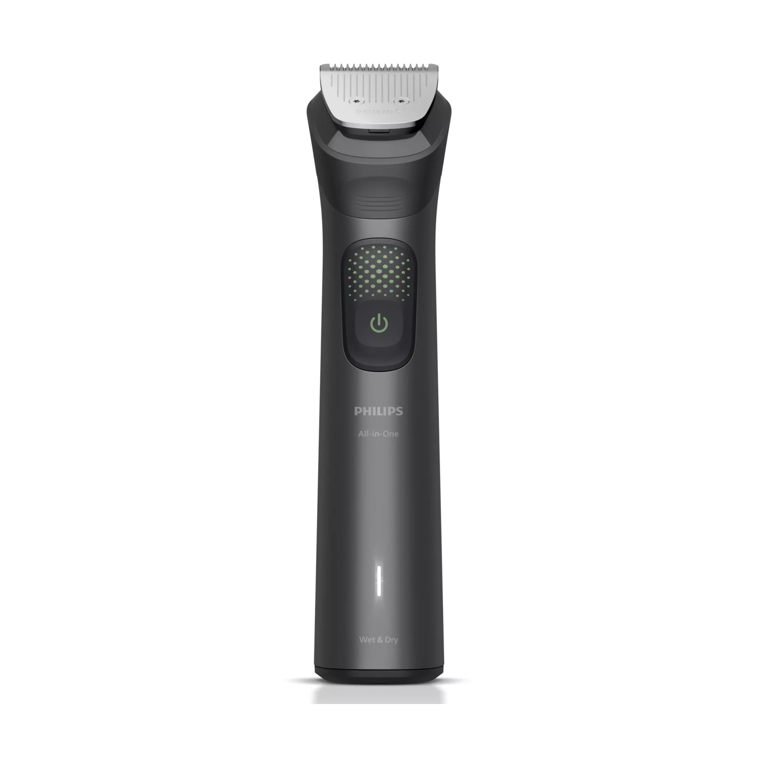 Regolabarba Philips All-in-One grigio scuro con testina argentata e pulsante di accensione verde su sfondo bianco.