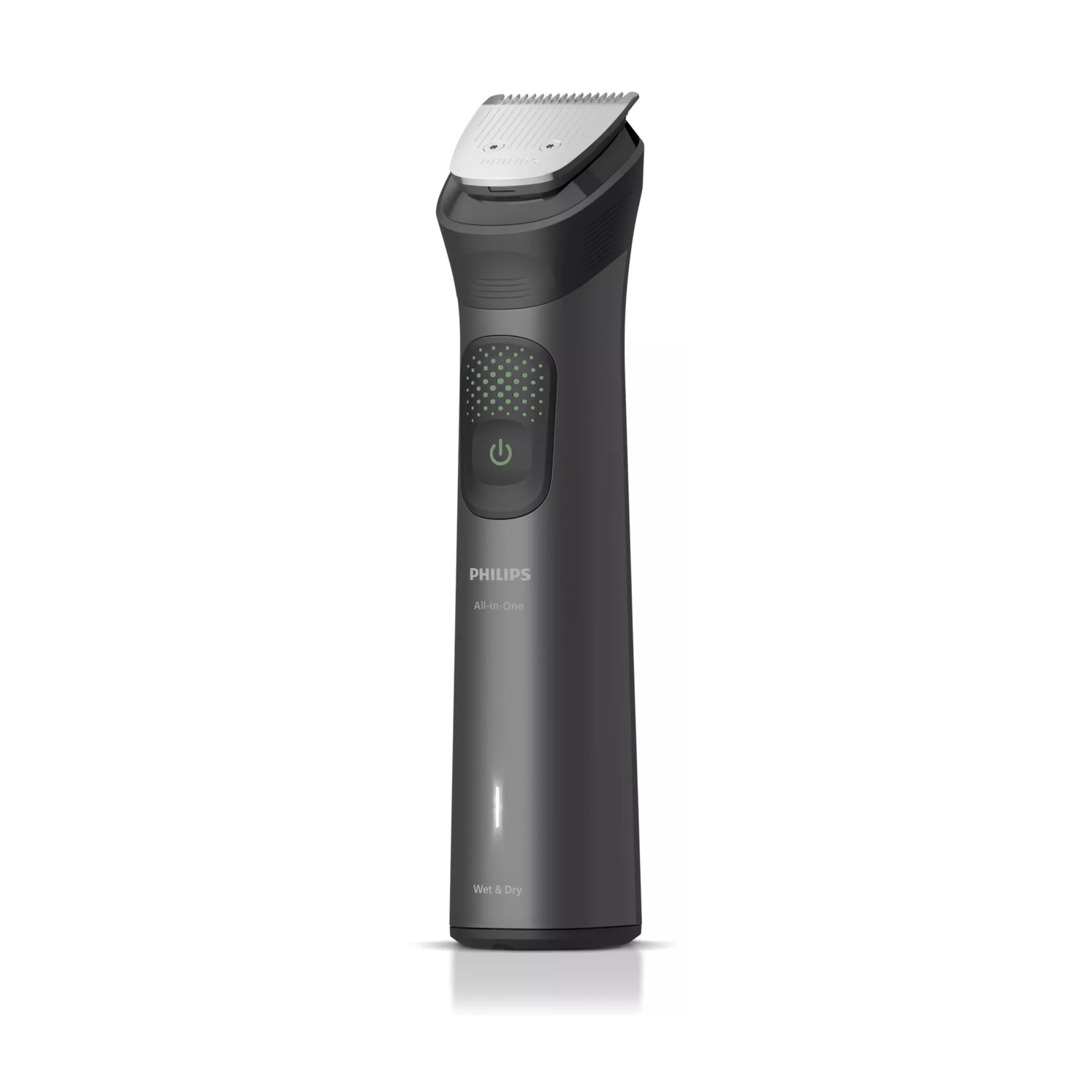 Regolabarba all-in-one Philips grigio scuro con testina argentata e pulsante di accensione circolare su sfondo bianco.