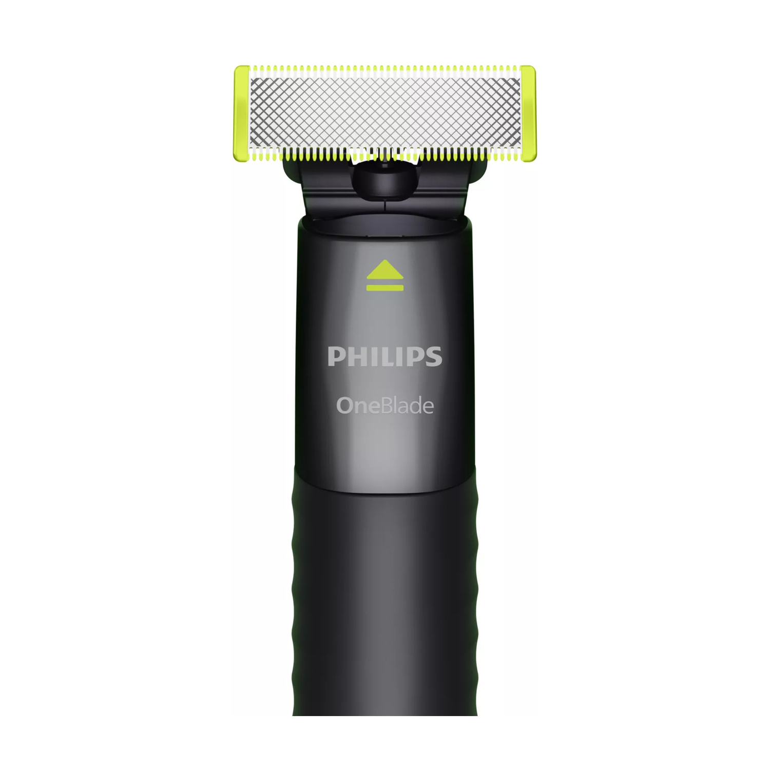 Un rasoio nero Philips OneBlade con bordo verde sulla lama su sfondo bianco.