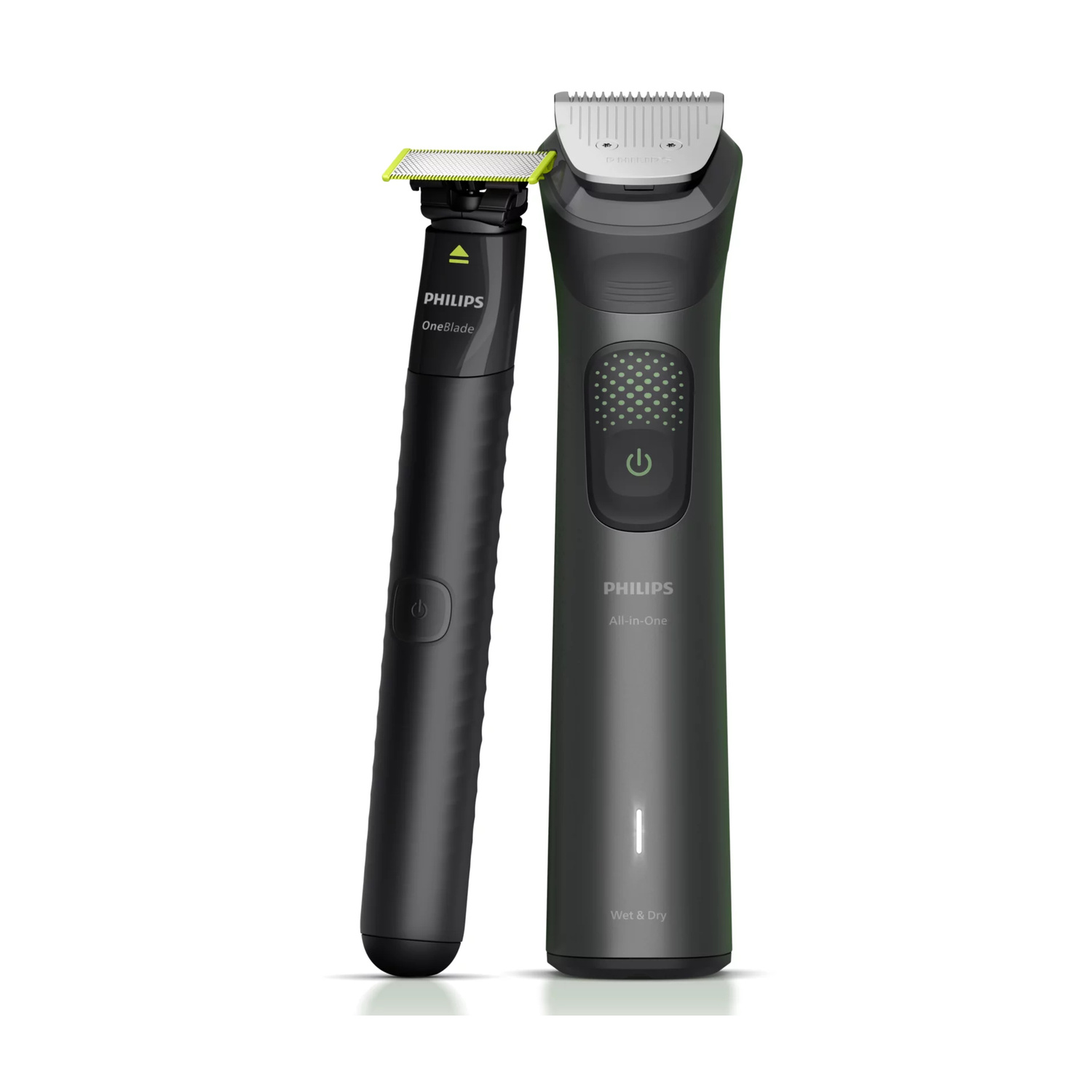 Due rasoi Philips neri su sfondo bianco: a sinistra un OneBlade, a destra un rifinitore multifunzione.
