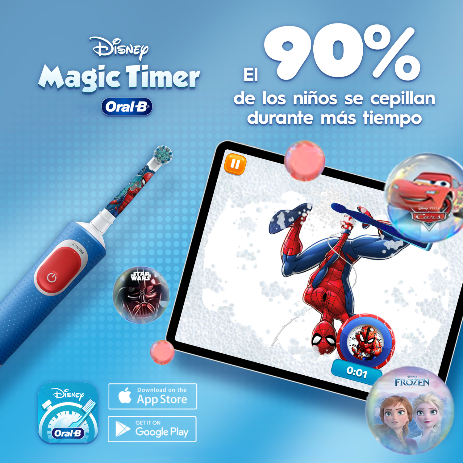 Disney Magic Timer de Oral-B. El 90% de los niños se cepillan durante más tiempo. Disney Oral-B. Download on the App Store. Get it on Google Play.