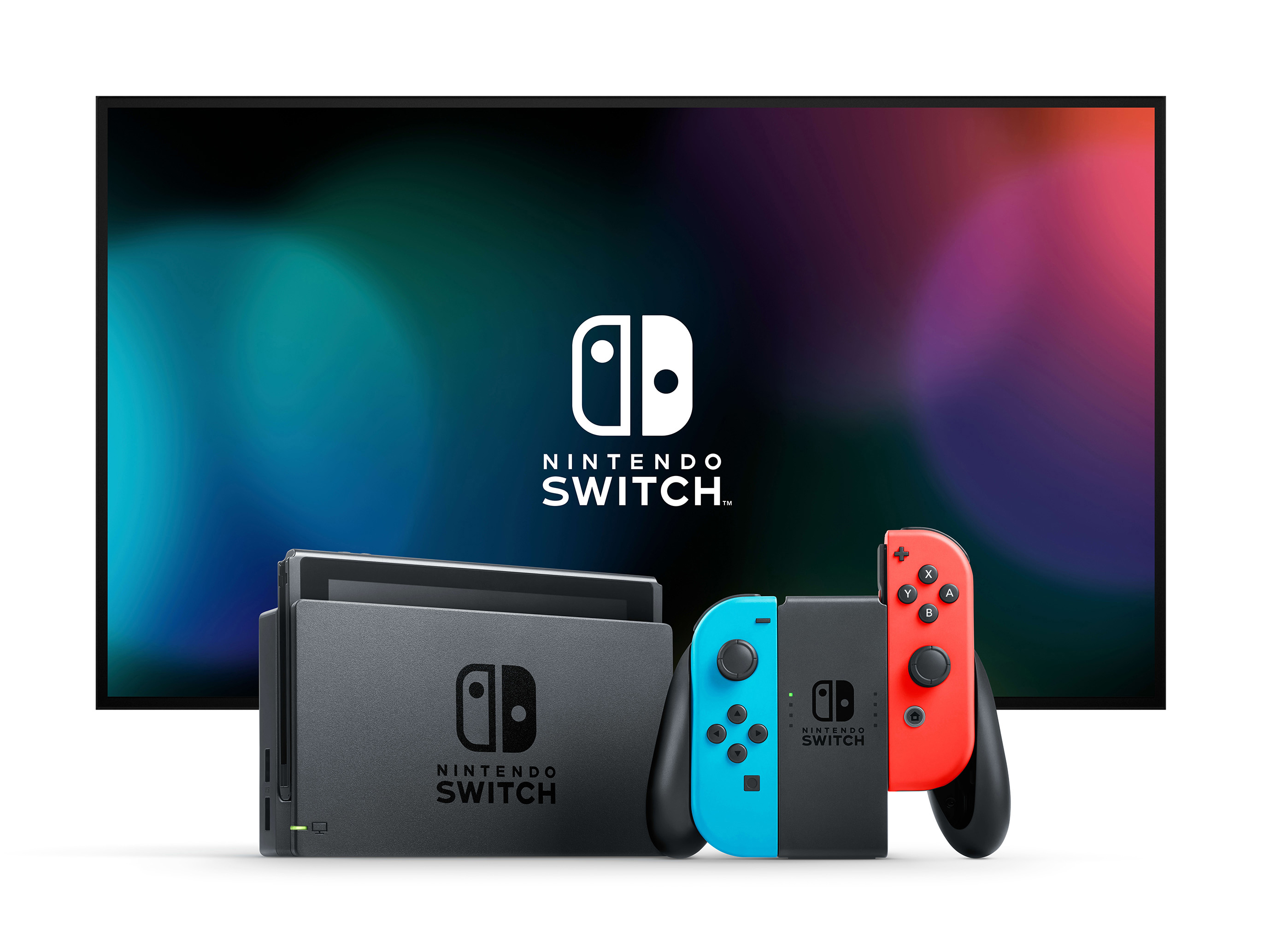Nintendo Switch Konsole mit Dock und blauen sowie roten Joy-Con-Controllern vor einem beleuchteten Bildschirm.