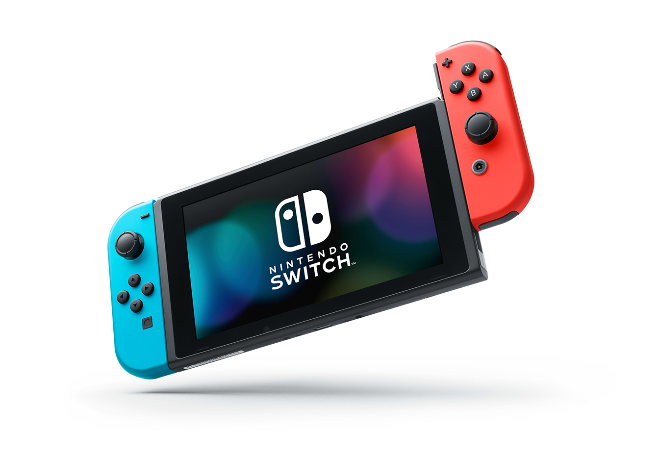 Eine Nintendo Switch Konsole mit rotem und blauem Joy-Con-Controller.