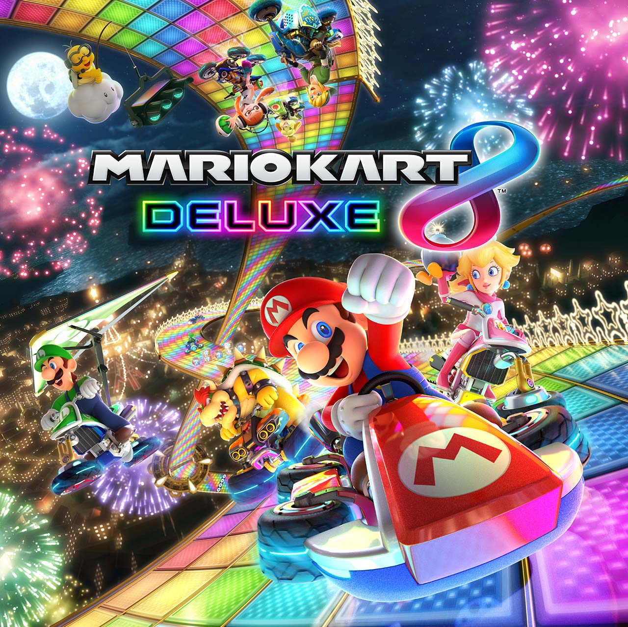 Mario Kart 8 Deluxe Videospielcover mit Mario, Luigi, Bowser und Peach auf Rennkarts vor nächtlicher Feuerwerkskulisse.