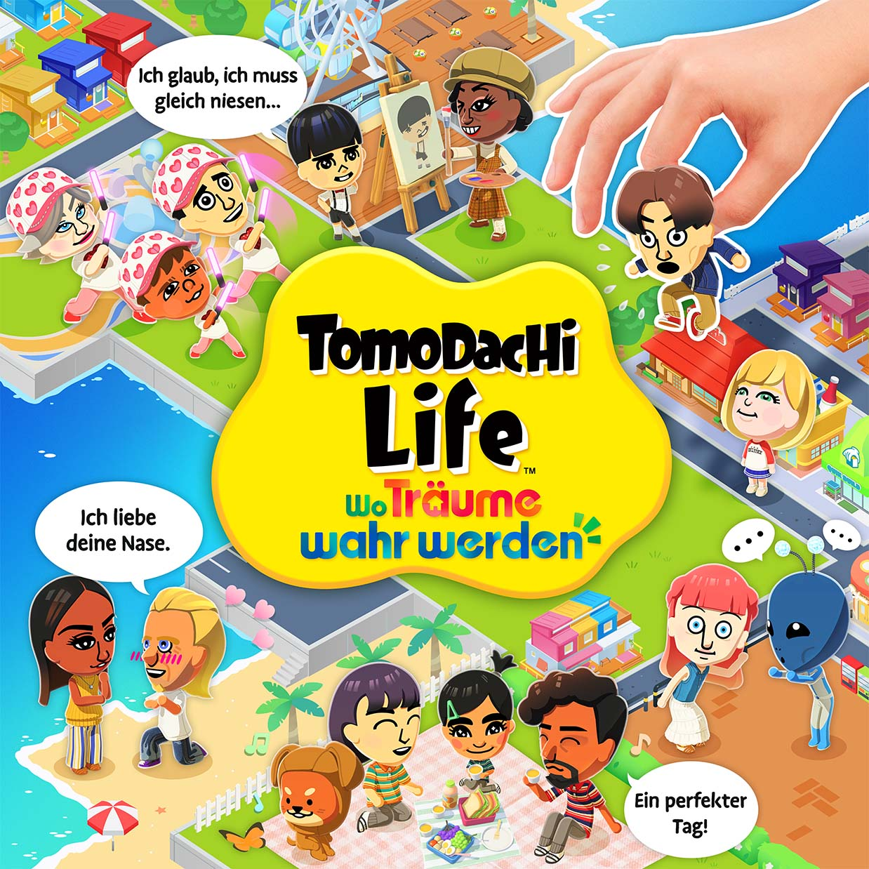 Buntes Tomodachi Life Poster mit Mii-Charakteren, Picknick, Malerei und einer riesigen Hand.