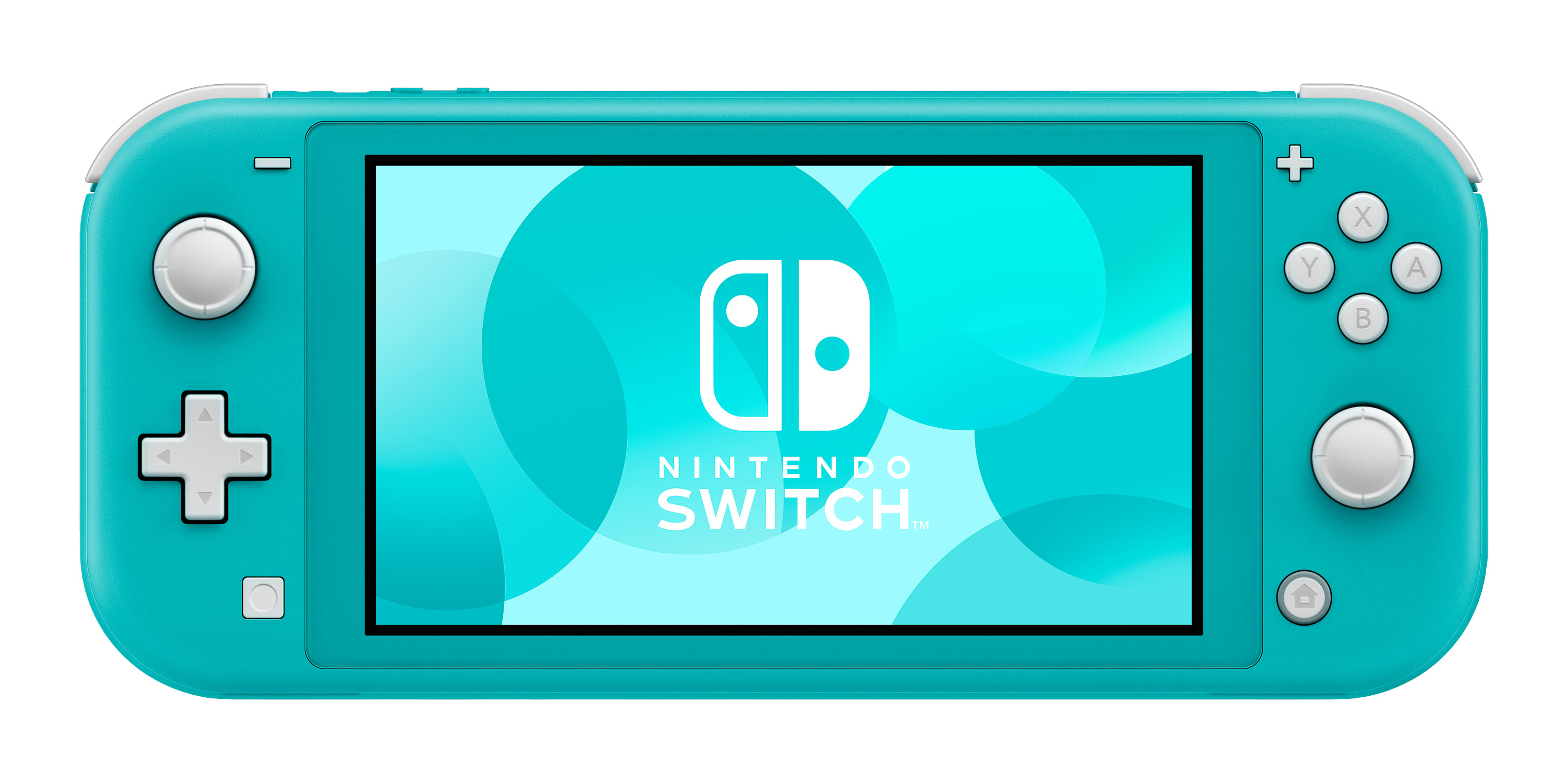 Türkisblaue Nintendo Switch Lite Konsole mit weißem D-Pad und Tasten, Bildschirm zeigt das Logo.