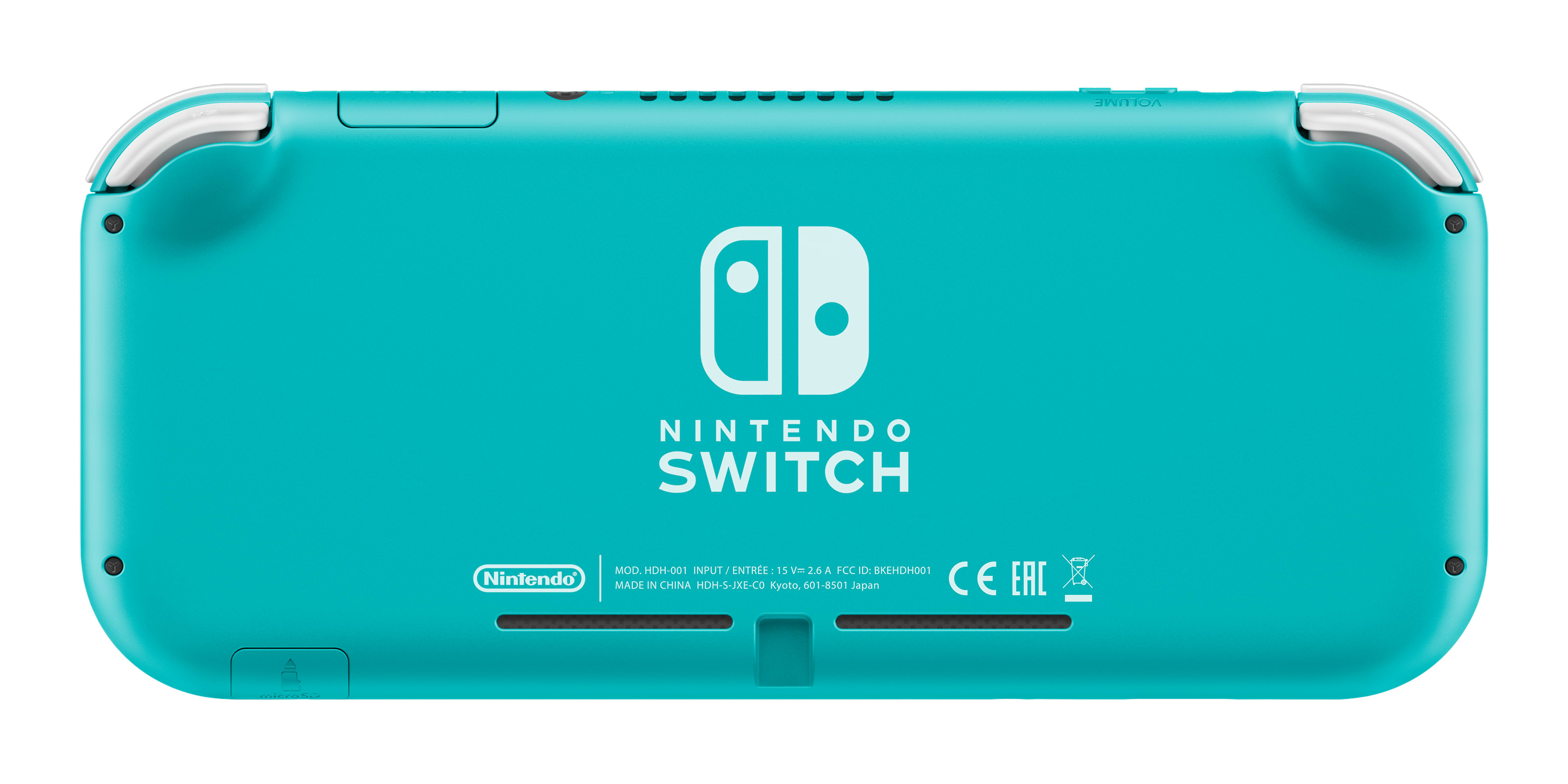 Rückseite einer türkisfarbenen Nintendo Switch Lite Konsole mit weißem Logo.