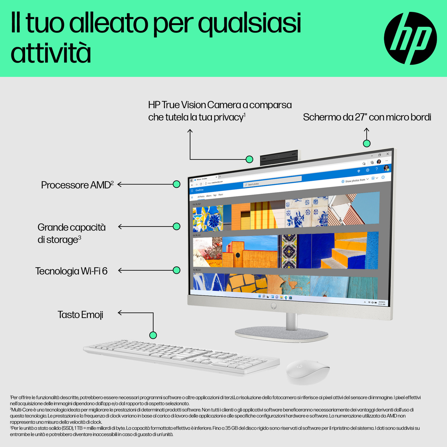 PC All-in-One HP con schermo da 27 pollici, webcam a scomparsa, tastiera e mouse, con etichette delle funzioni.