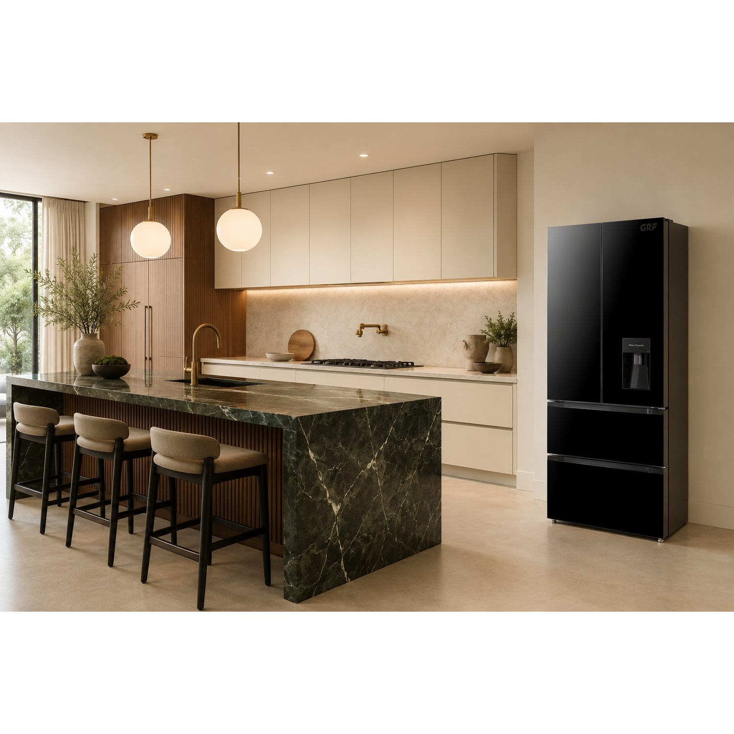 Moderna cucina con isola in marmo scuro, lampade a sospensione e frigorifero nero.