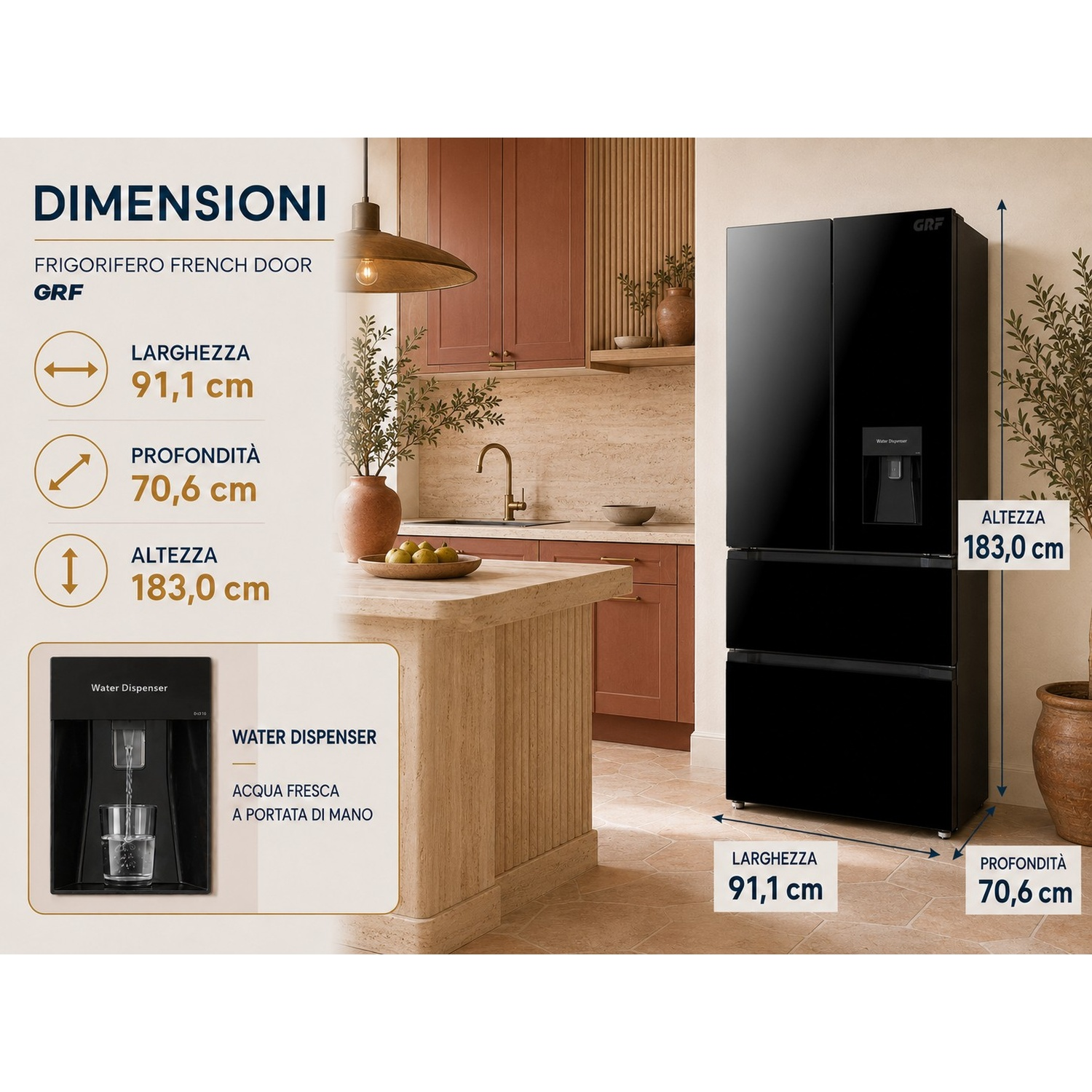 Un frigorifero French Door nero in una cucina moderna, che mostra dimensioni di altezza, larghezza e profondità.