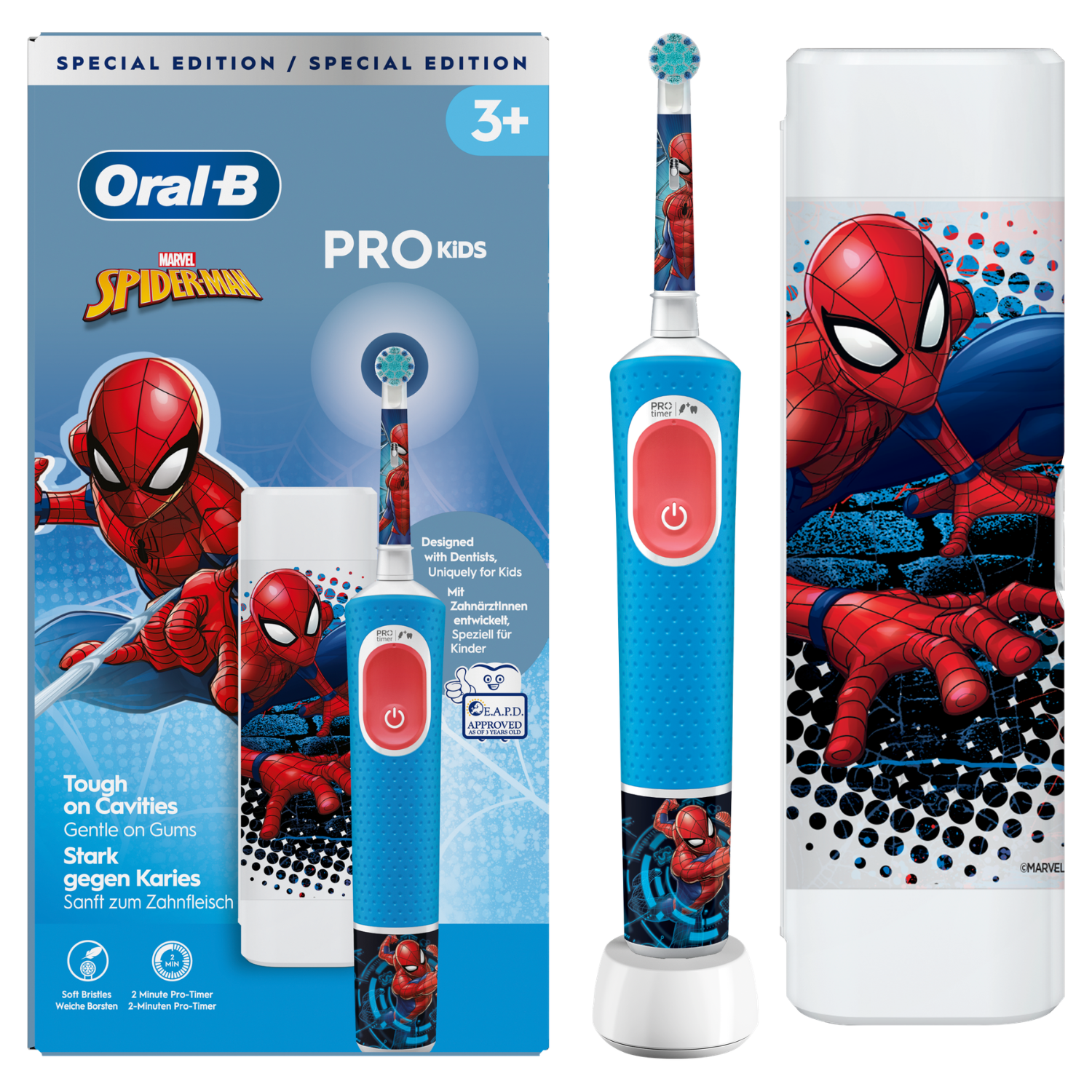 Cepillo eléctrico infantil - Oral-B Pro Kids Spider-Man, 2 Modos, Estuche de viaje, Diseñado Por Braun, Acceso app Disney ¡,+3 Años, 