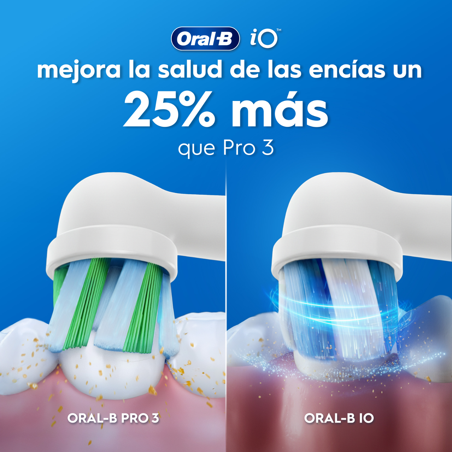 Oral-B iO. Mejora la salud de las encías un 25% más que Pro 3. Comparativa imagen: Oral-B Pro 3. Oral-B iO2.