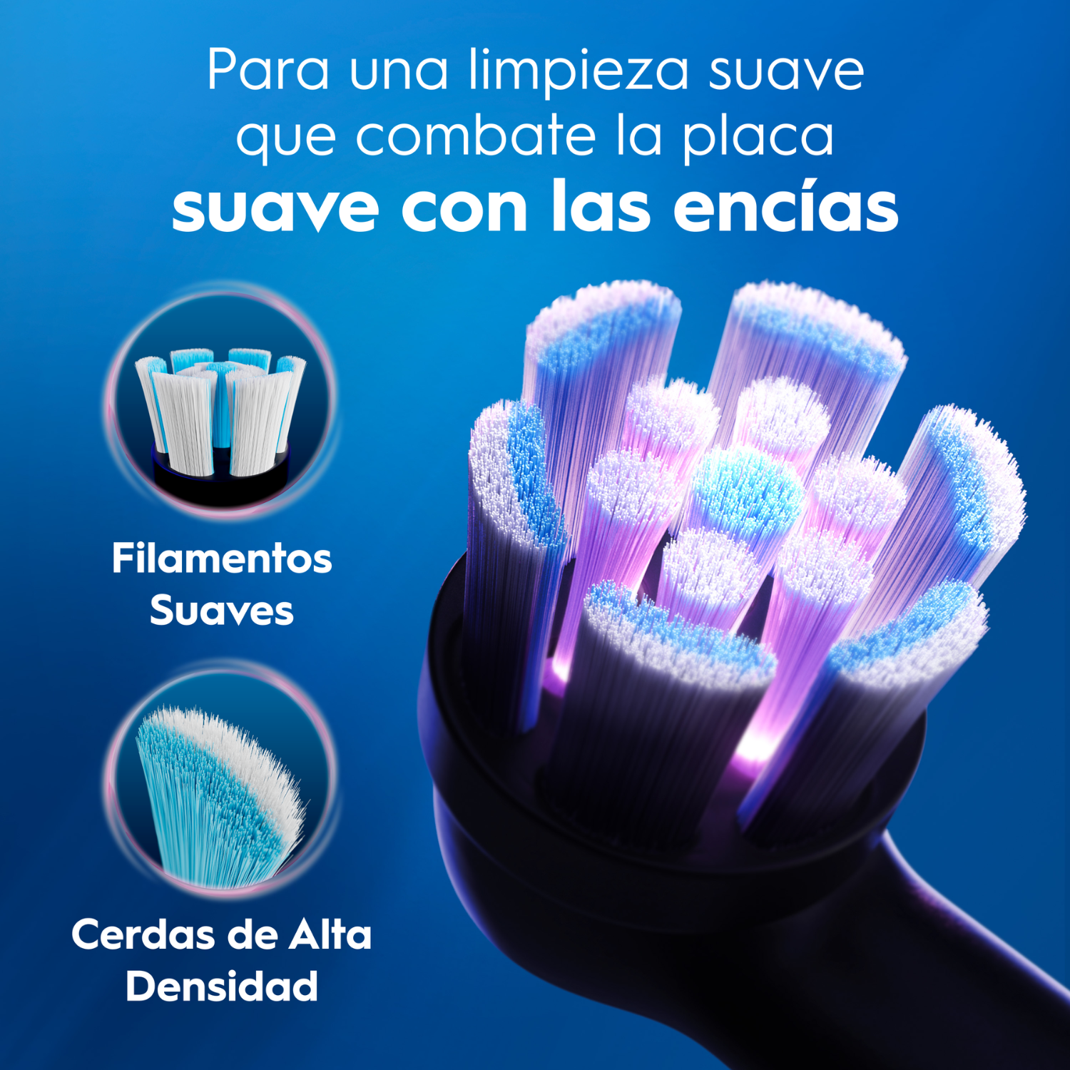 Para una limpieza suave que combate la placa suave con las encías. Filamentos suaves. Cerdas de alta densidad.