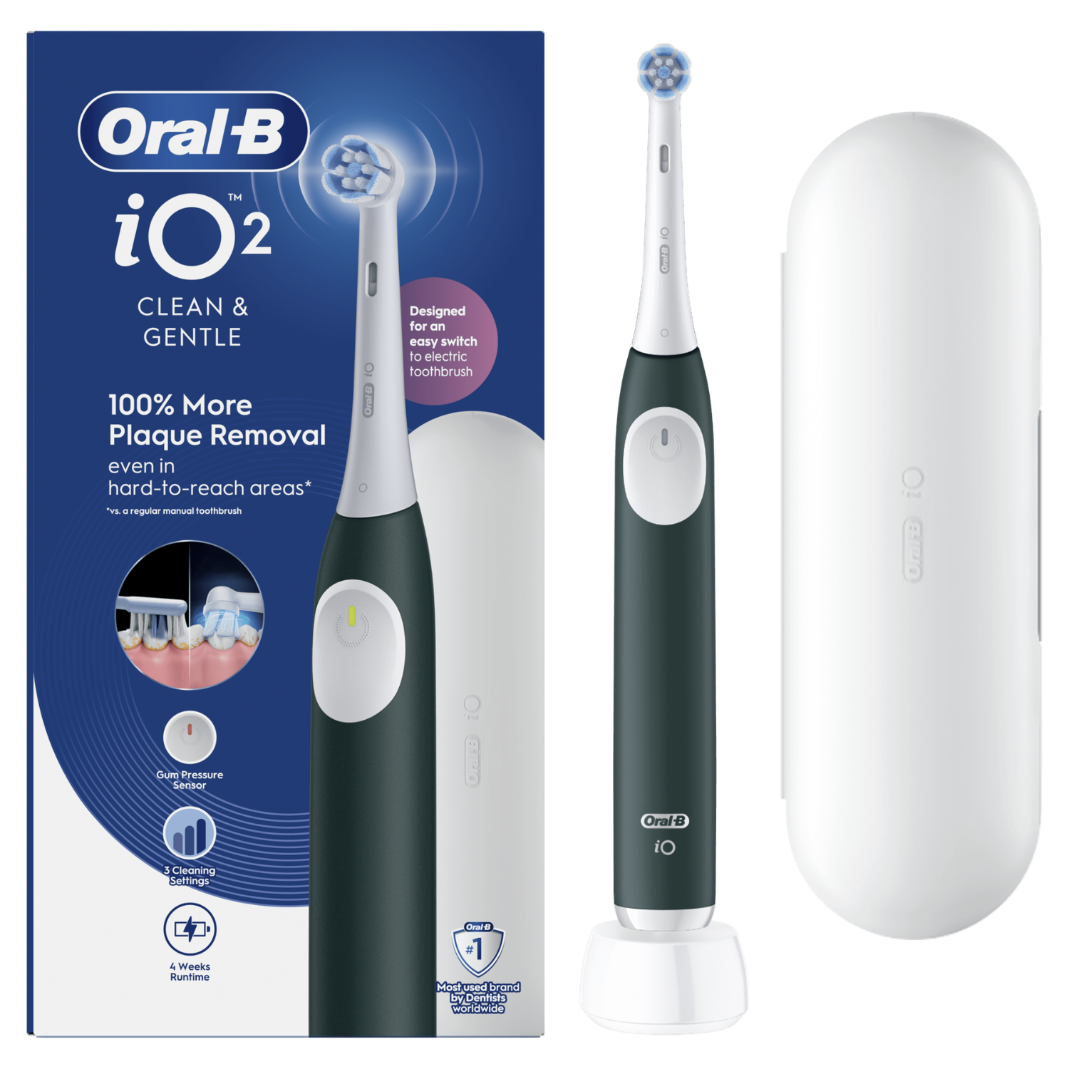 Cepillo eléctrico - Oral-B iO 2, 1 recambio, 3 modos, Temporizador, Sensor de presión, Diseñado por Braun, Verde Bosque