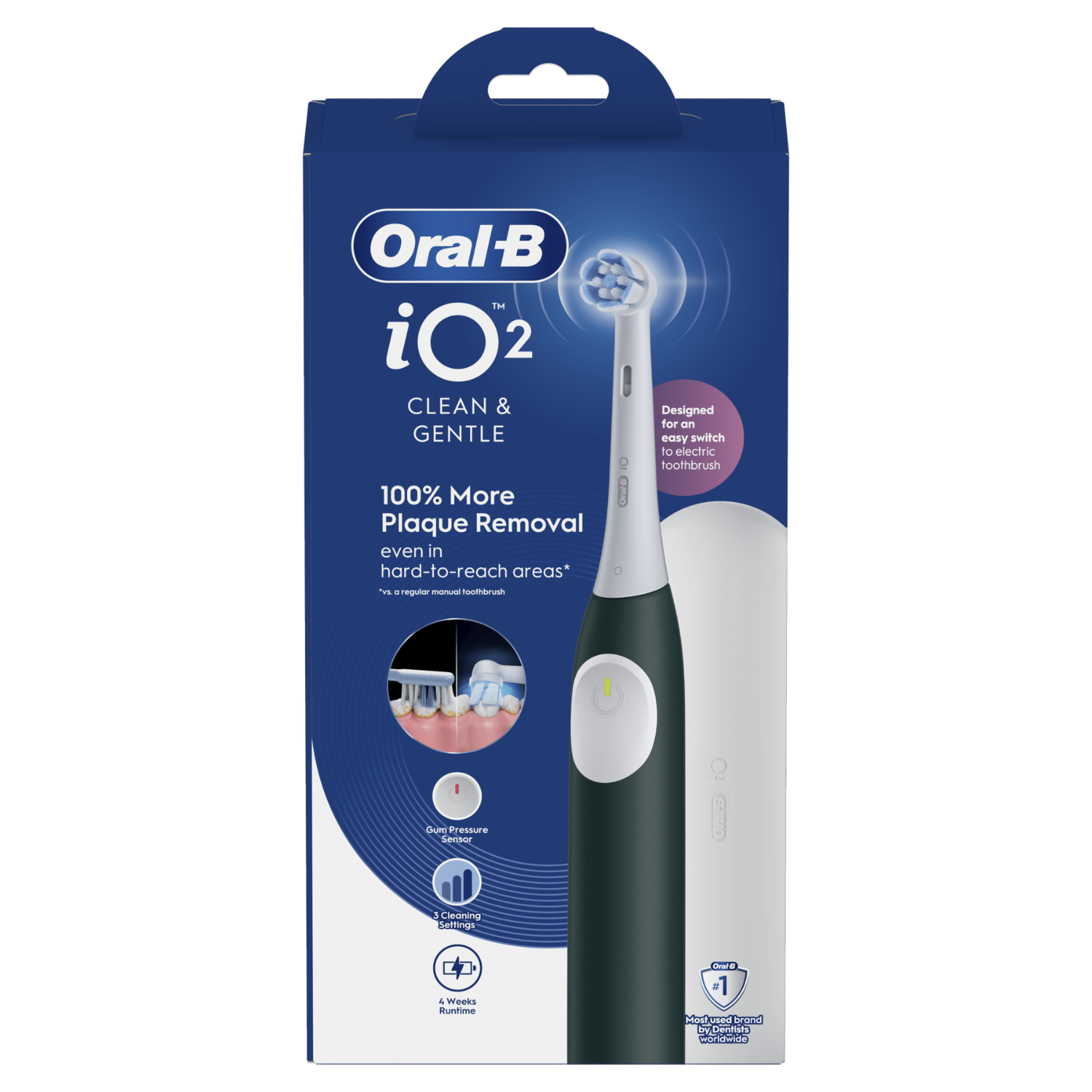 Cepillo eléctrico - Oral-B iO 2, 1 recambio, 3 modos, Temporizador, Sensor de presión, Diseñado por Braun, Verde Bosque
