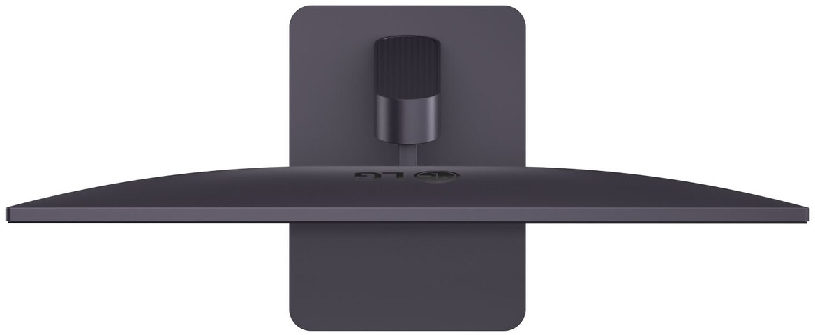 Fekete LG monitor felülnézete az állványán, fehér háttér előtt.