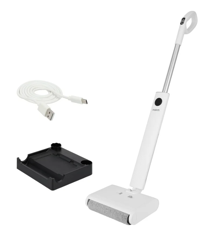Biały mop bezprzewodowy ze stacją ładującą i kablem USB.