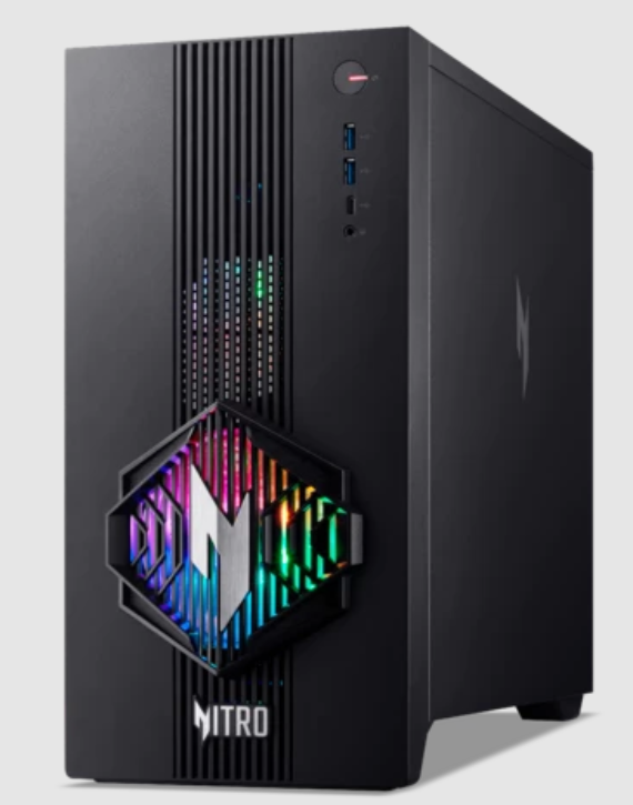 Schwarzer Acer Nitro Gaming-PC mit RGB-Beleuchtung und silbernem Logo an der Front.
