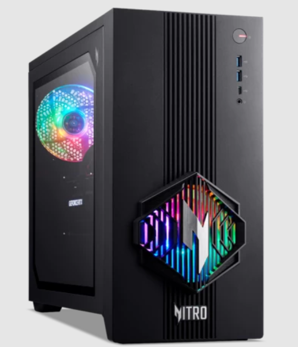 Schwarzer Gaming-PC mit RGB-Lüfter und beleuchtetem Nitro-Logo an der Front.