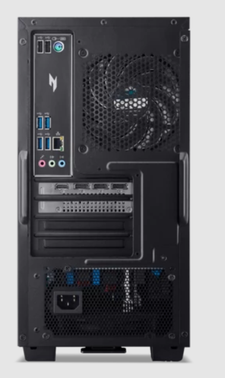 Rückseite eines schwarzen PC-Gehäuses mit Anschlüssen, Lüfter, Erweiterungskarten und Netzteil.