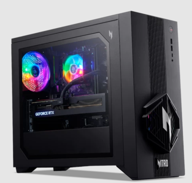 Schwarzer Gaming-PC mit RGB-Lüftern und durchsichtiger Seitenwand auf hellem Hintergrund.