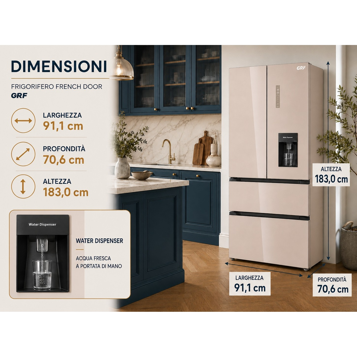 Frigorifero French Door beige in cucina con etichette di larghezza, altezza e profondità.