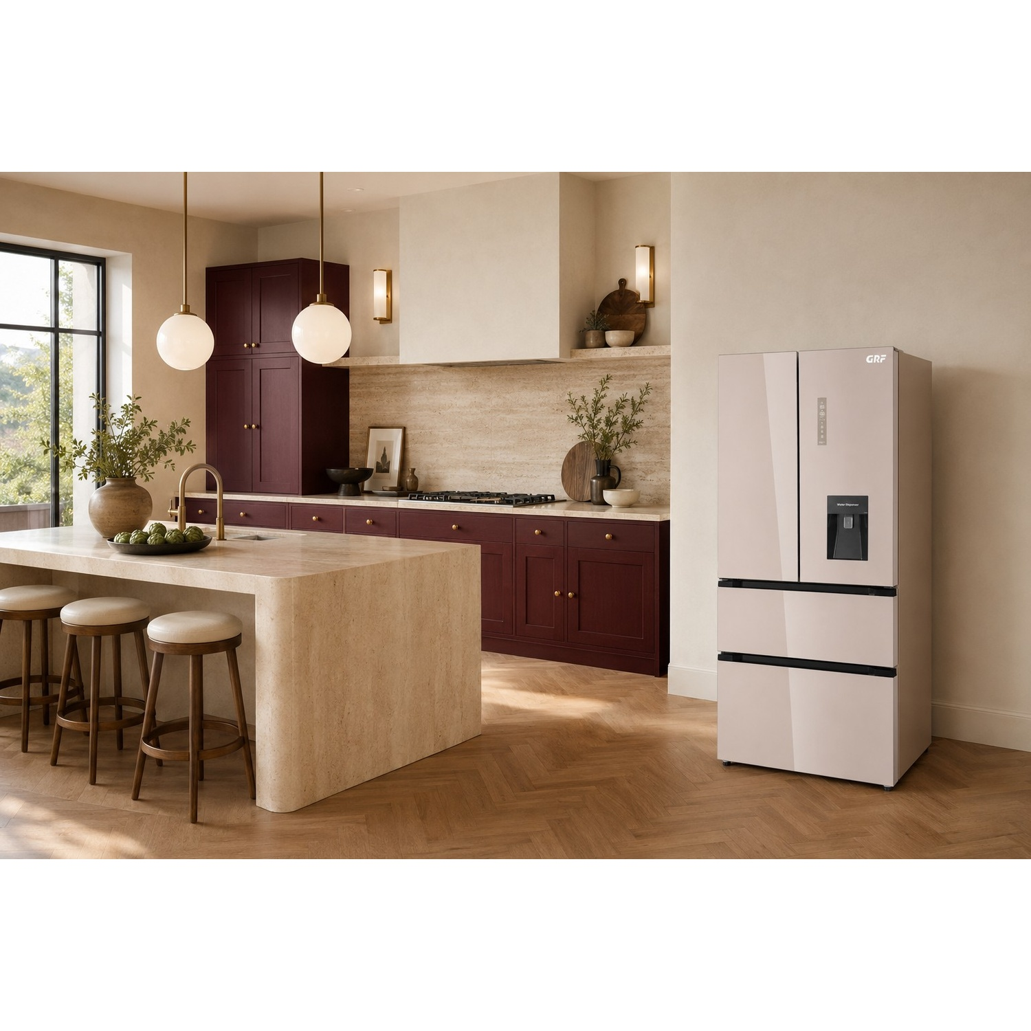 Un frigorifero beige a quattro porte in una cucina moderna con mobili bordeaux e isola in marmo.