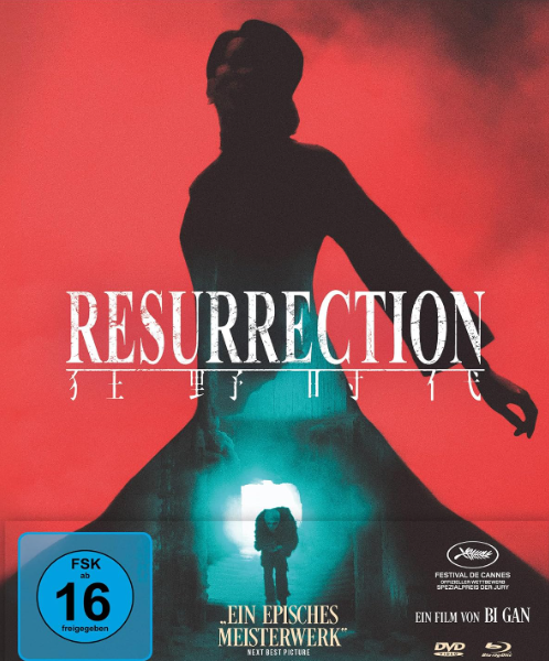 DVD-Cover von Resurrection mit rotem Hintergrund und einem silhouettierten Charakter, der auf eine helle Öffnung blickt.