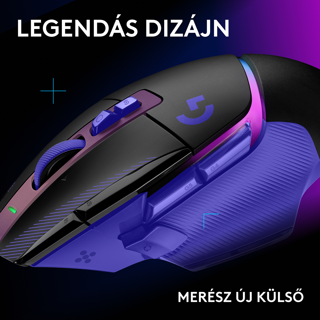 Egy fekete és lila gamer egér RGB világítással sötét háttér előtt.