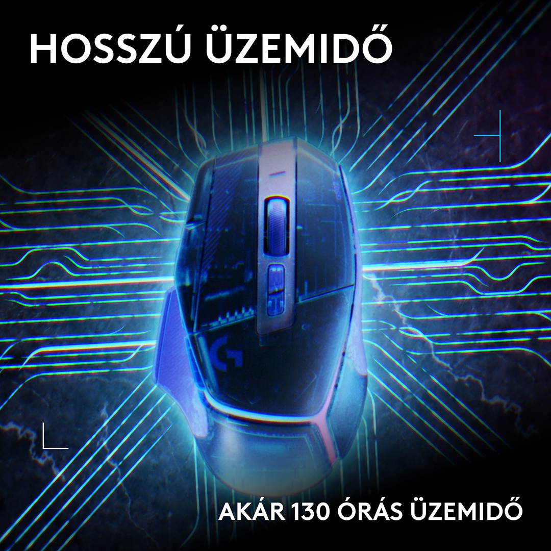 Kék fénnyel világító egér sötét háttérben áramkörökkel és HOSSZÚ ÜZEMIDŐ felirattal.
