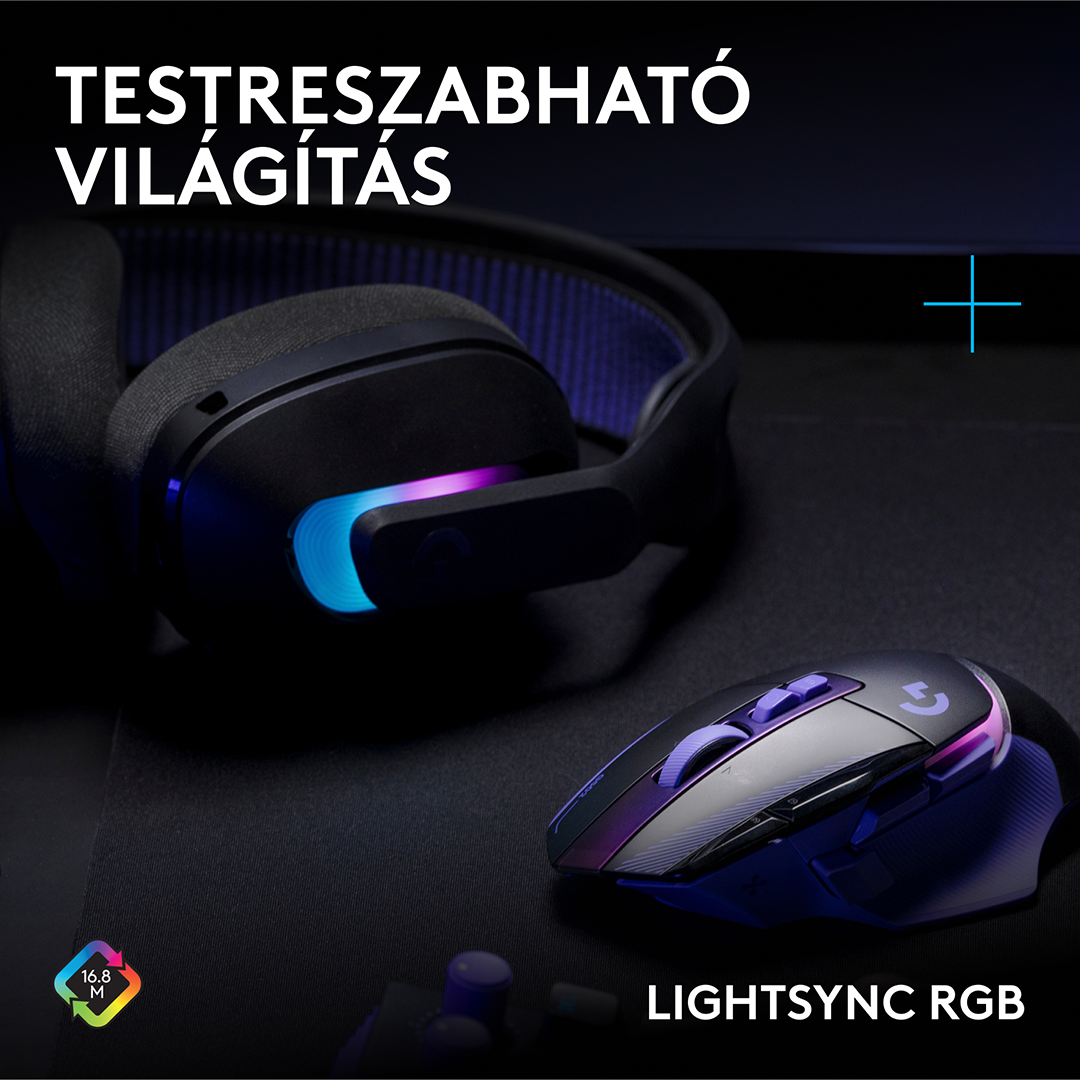 Fekete gamer headset és RGB egér sötét felületen szöveggel.