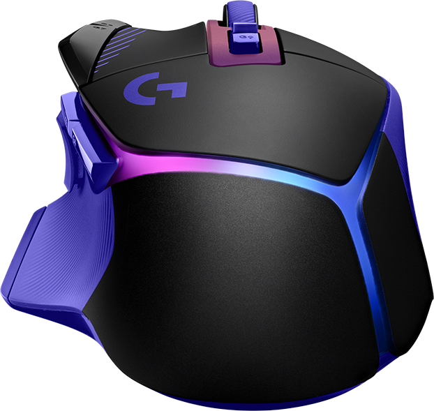 Fekete és kék gamer egér rózsaszín és kék RGB világítással, valamint a Logitech G logóval.