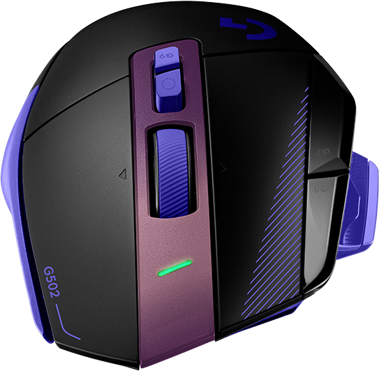 Fekete és lila gamer egér egyedi gombokkal, világító görgővel és G502 felirattal fekete háttéren.