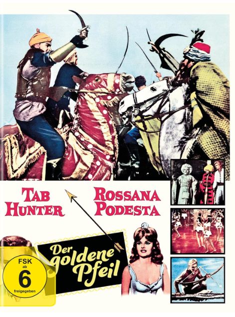 Filmplakat für 'Der goldene Pfeil' mit reitenden Kämpfern, Tab Hunter, Rossana Podestá und Szenenbildern.