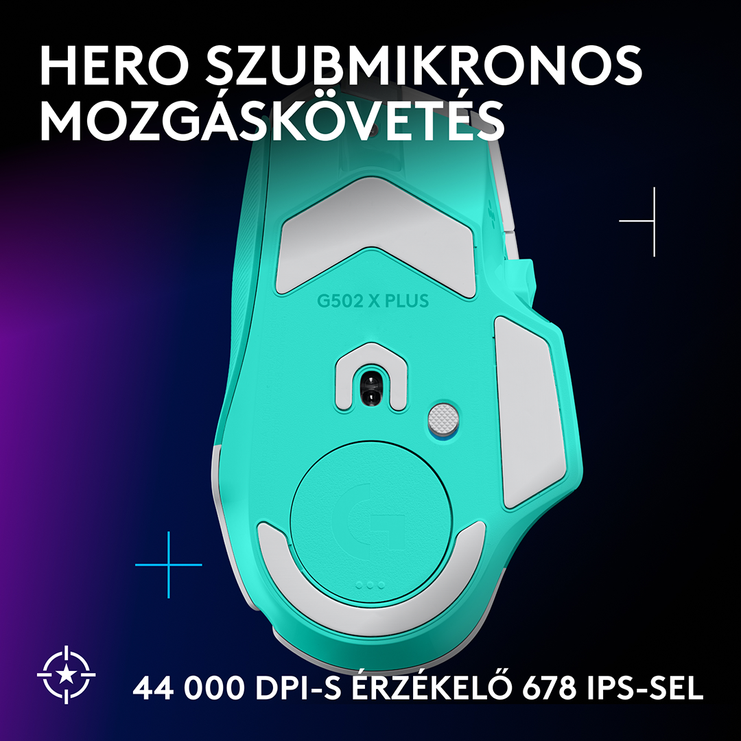 Türkiz színű vezeték nélküli gamer egér G502 X PLUS logóval sötét háttér előtt.