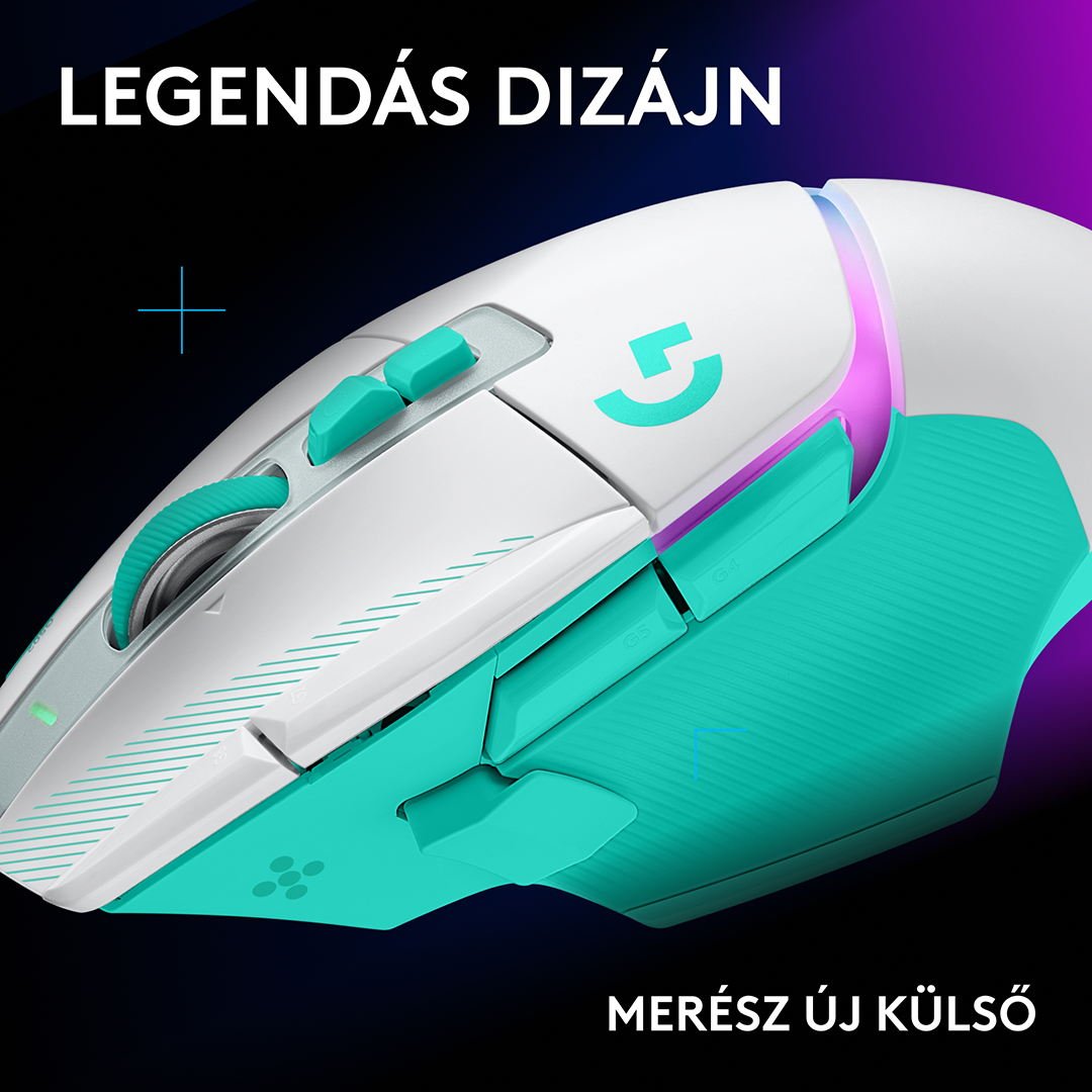 Egy fehér és türkiz színű játékegér RGB világítással sötét háttérrel, magyar felirattal.